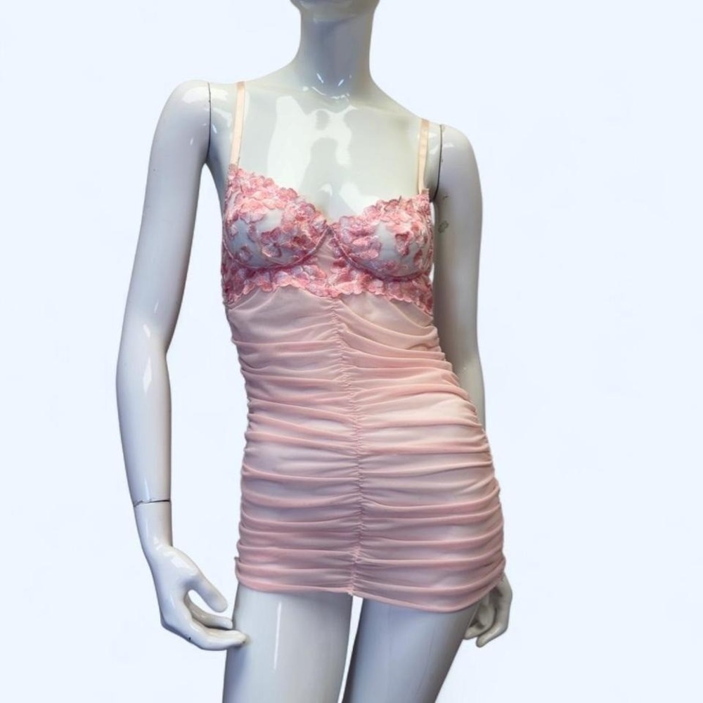blush pink ruched lace bust lingerie,‎ flower detail